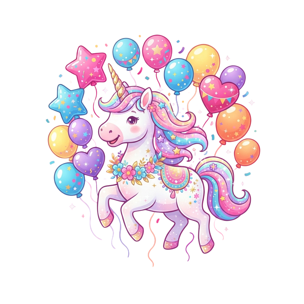 A cheerful unicorn with rainbow mane and tail surrounded by colorful balloons and stars on a black background