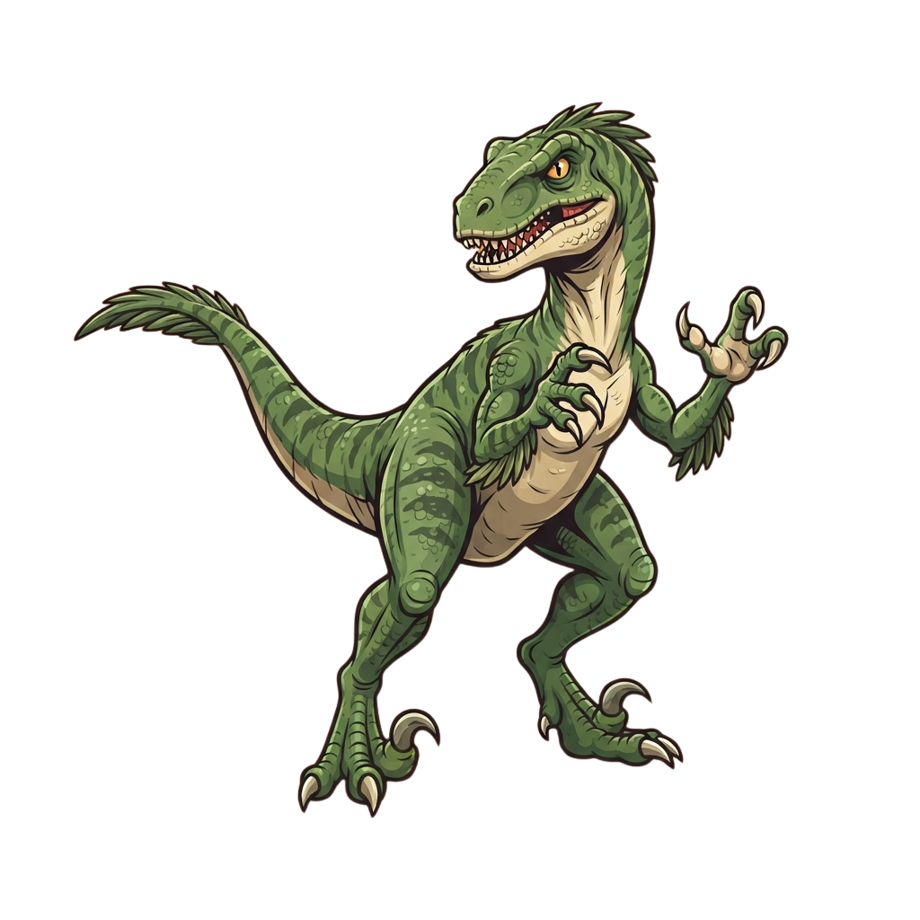 A cartoon green dinosaur standing on two legs making a peace sign with its right hand