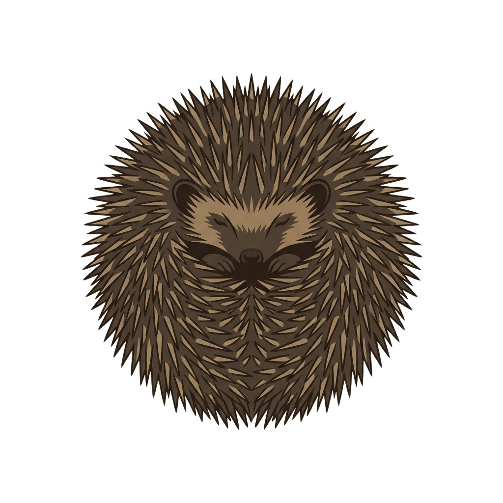 A stylized illustration of a hedgehog with spiky brown fur and closed eyes