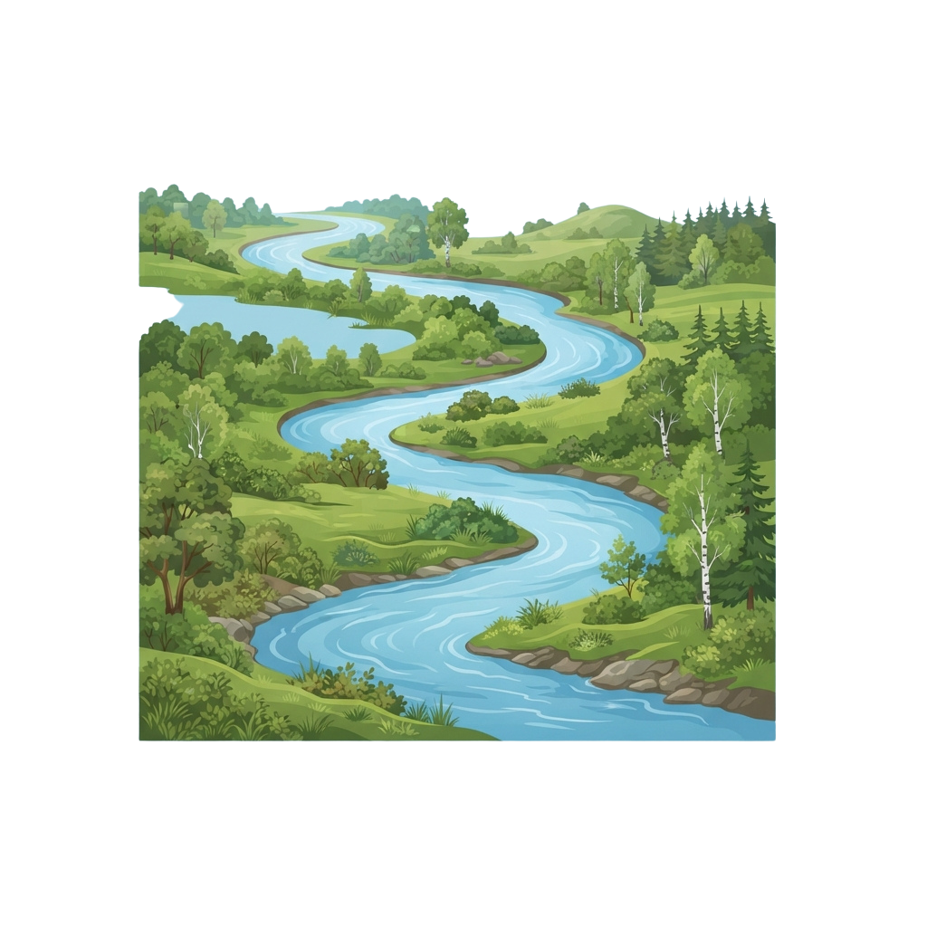 A winding river flowing through a vibrant green forest with rolling hills and trees.
