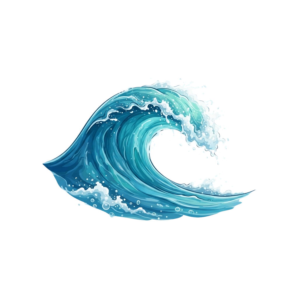 A stylized illustration of a large blue wave with white foam crashing and splashing against a dark background