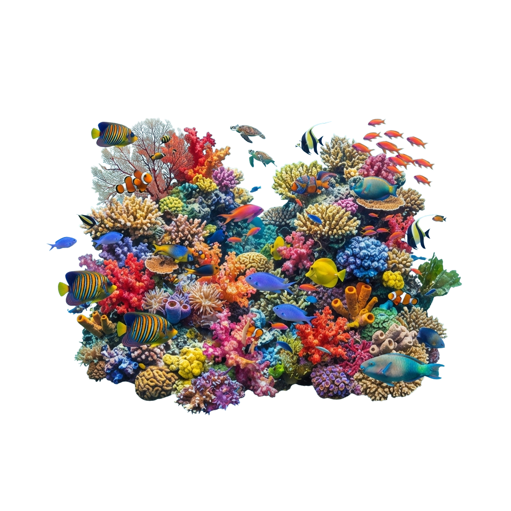 Colorful coral reef with diverse fish and marine plants against a black background