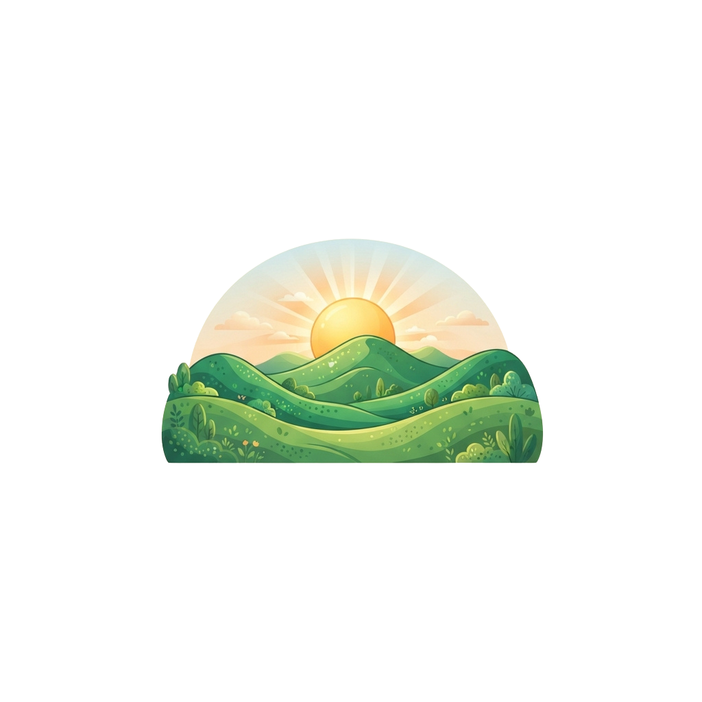 A bright sun rising over lush green rolling hills with vibrant vegetation and a clear sky