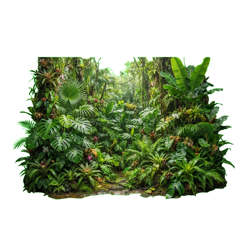 A vibrant indoor vertical garden filled with diverse tropical plants and ferns