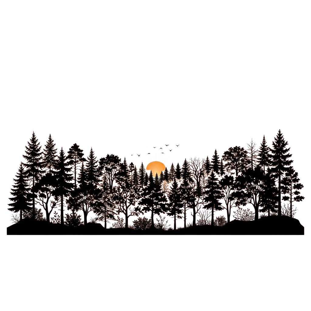 A full moon rising above a dense forest at night, casting a soft glow through the trees