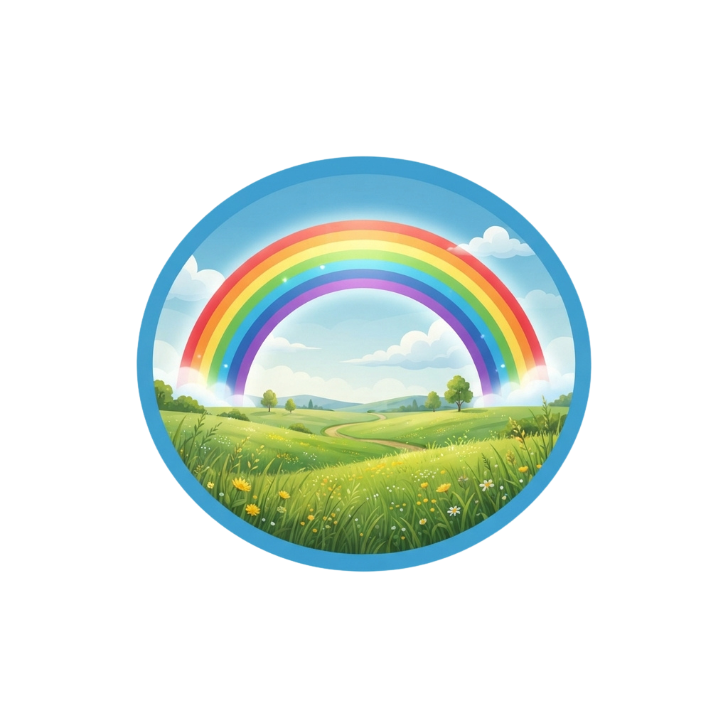 A vibrant rainbow arches over a lush green meadow with scattered wildflowers and rolling hills under a blue sky with fluffy clouds.