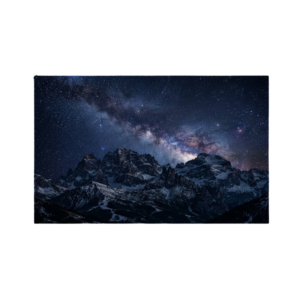 Snow-covered mountain peaks with the Milky Way galaxy visible in the night sky