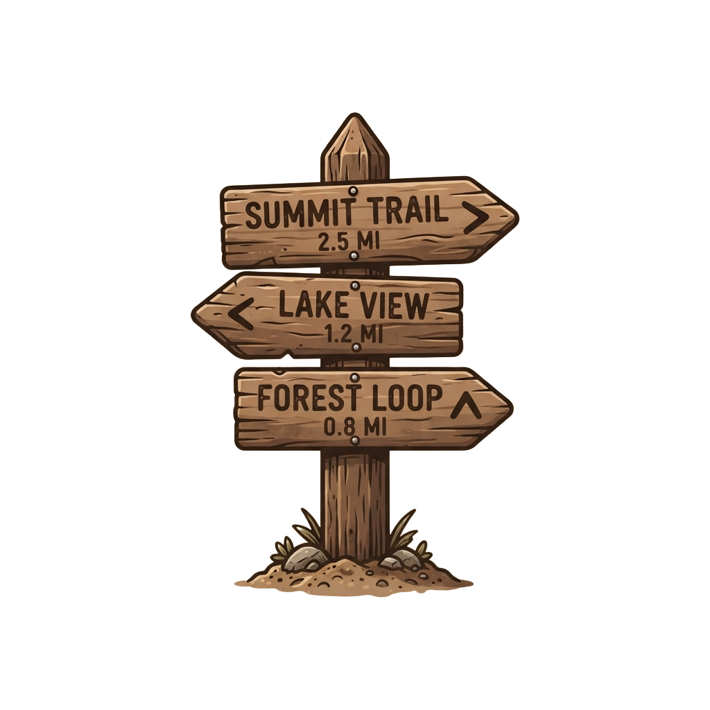 Wooden trail signpost showing directions to Summit Trail, Lake View, and Forest Loop with distances