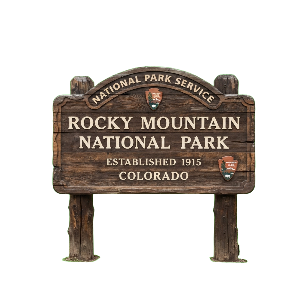 Wooden sign for Rocky Mountain National Park with National Park Service emblem and establishment year 1915