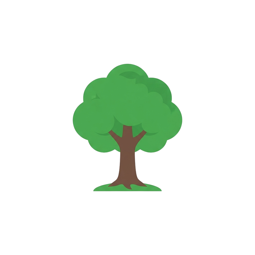 A stylized green tree with a brown trunk and roots on a black background