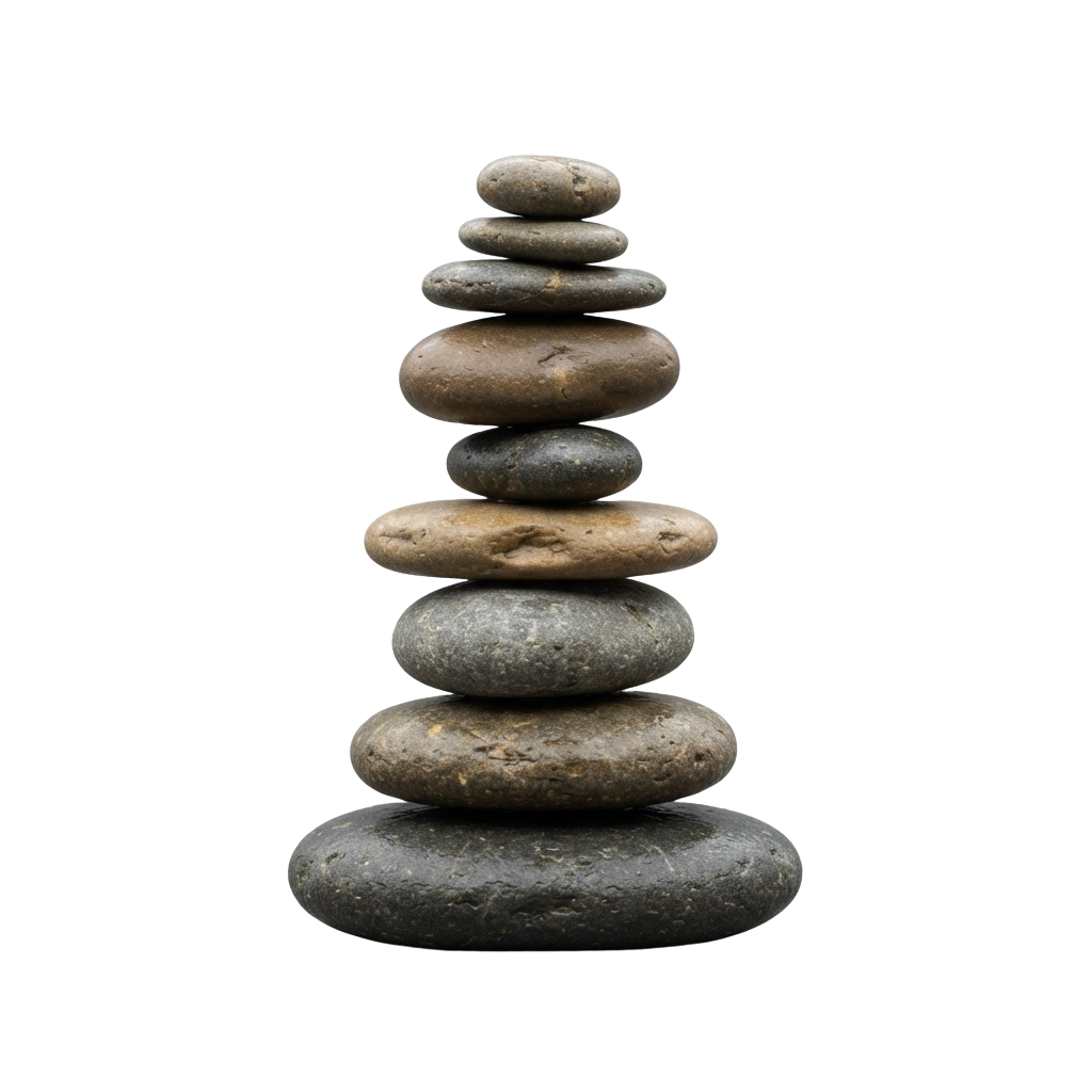 Seven smooth, stacked river rocks balanced in a pyramid shape against a black background