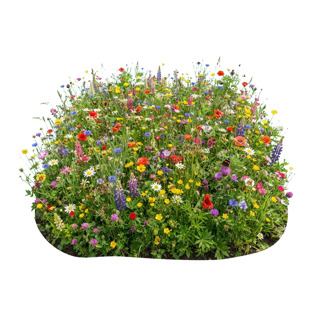 A vibrant garden bed filled with diverse wildflowers in full bloom