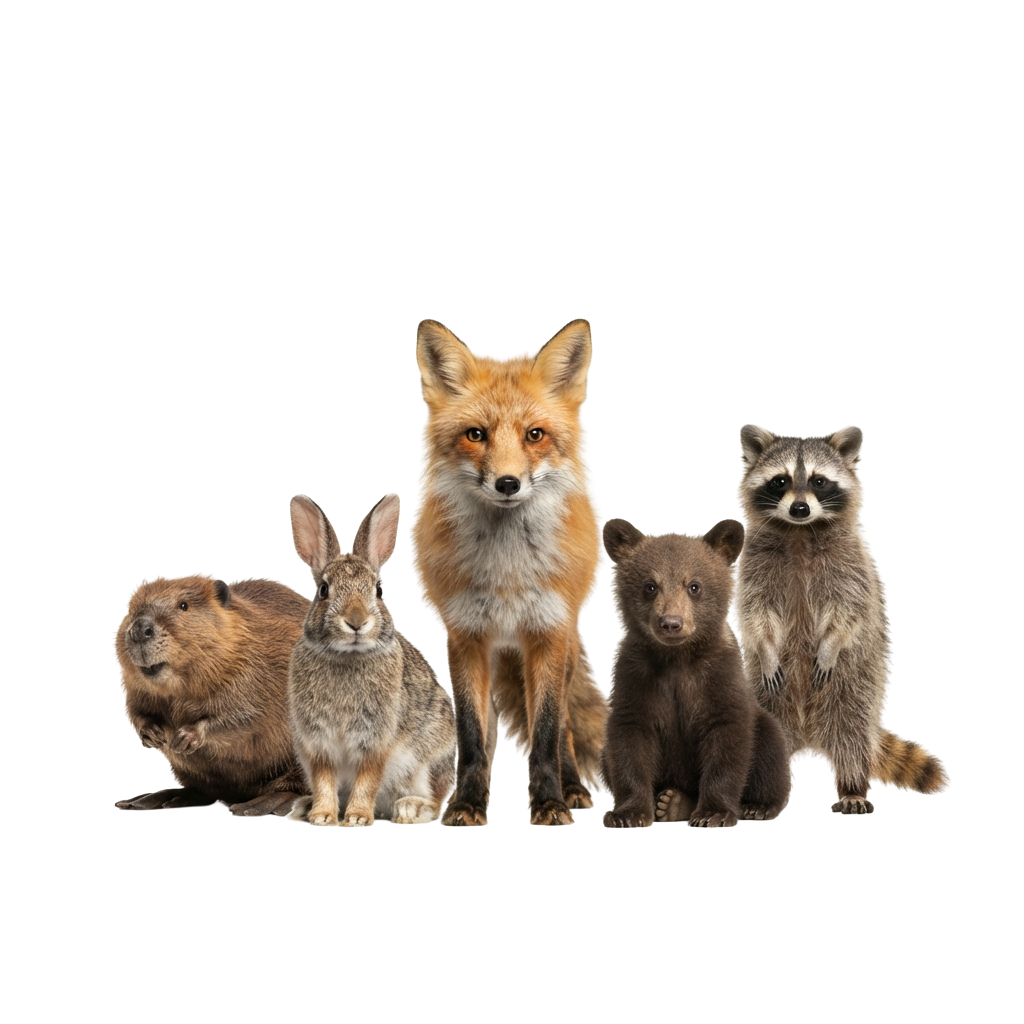 Five animals including a fox, rabbit, beaver, bear cub, and raccoon sitting side by side