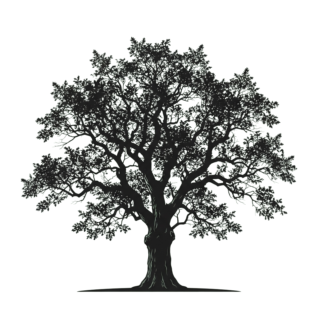 A detailed black and white illustration of a tree with intricate branches and leaves against a dark background