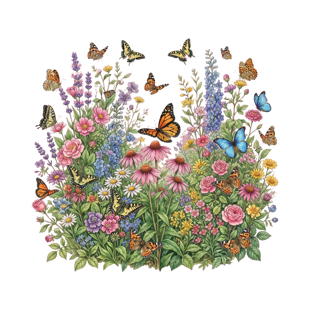 Illustration of vibrant flowers and butterflies in a lush garden setting