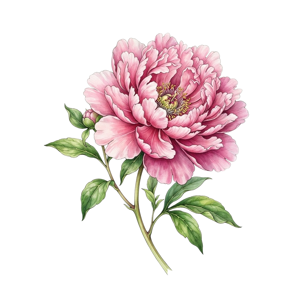 A detailed illustration of a pink peony flower with green leaves and stem on a black background