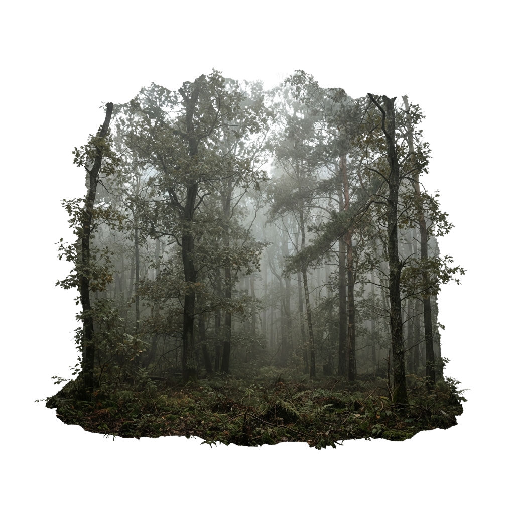 A dense forest with tall trees shrouded in thick mist and fog, creating a mysterious and dark atmosphere.