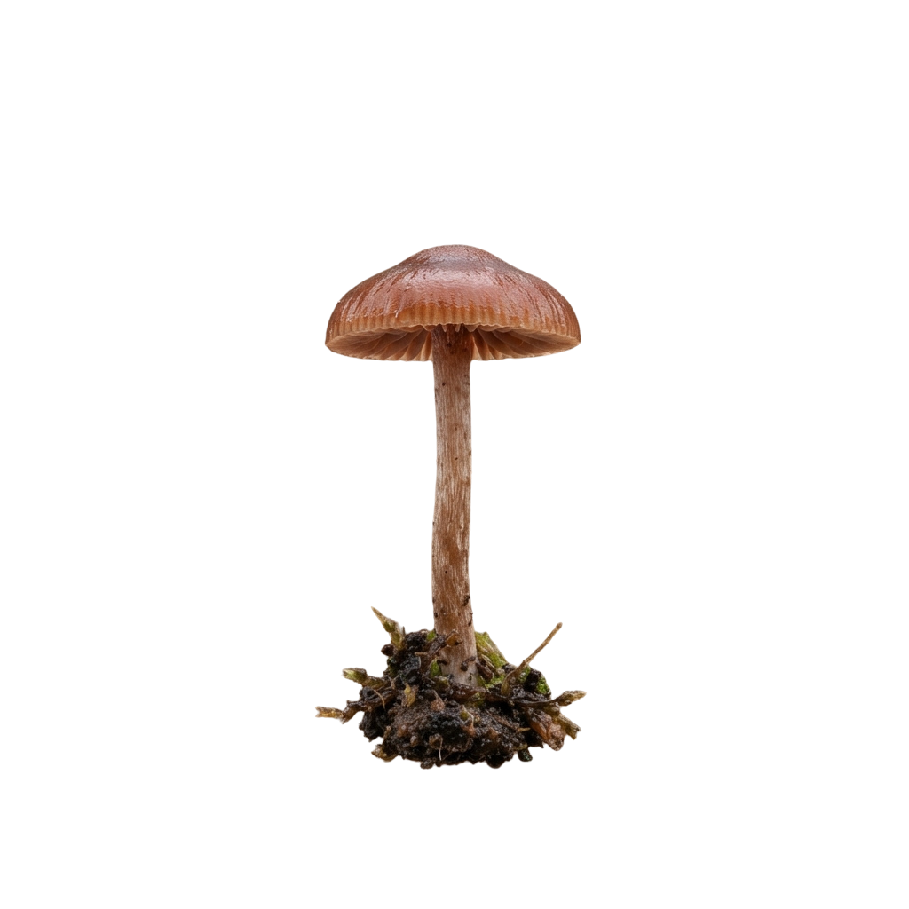 A single brown mushroom with a smooth cap and stem growing from soil