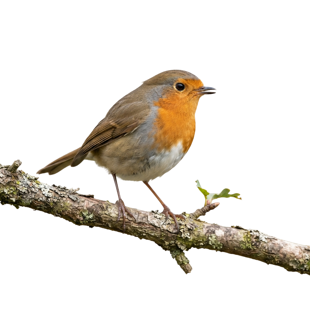 A European robin bird with an orange chest and brown back perched on a tree branch