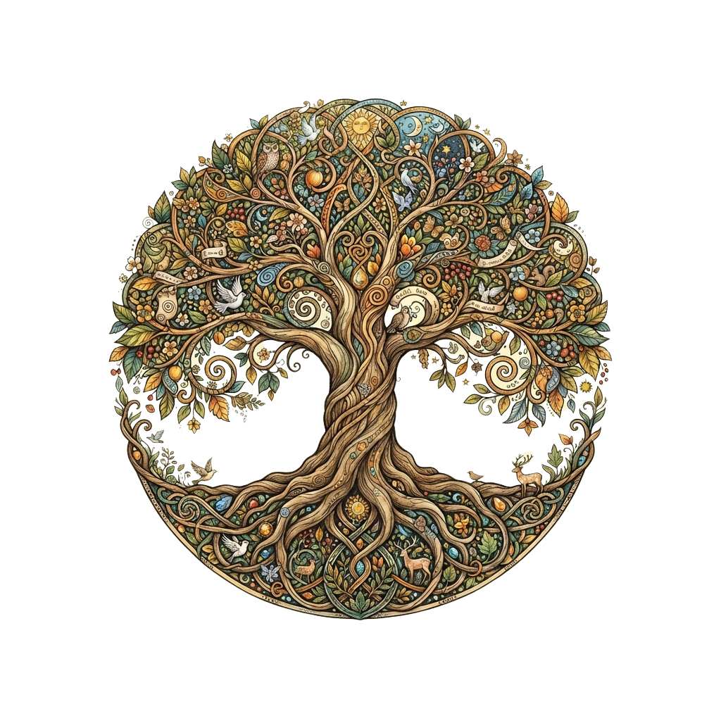 Detailed circular artwork of a tree of life with birds, fruits, flowers, and celestial symbols like sun and moon.