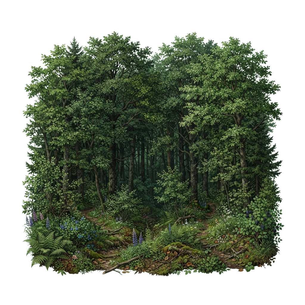 A detailed digital illustration of a dense, vibrant green forest with tall trees, ferns, and wildflowers.