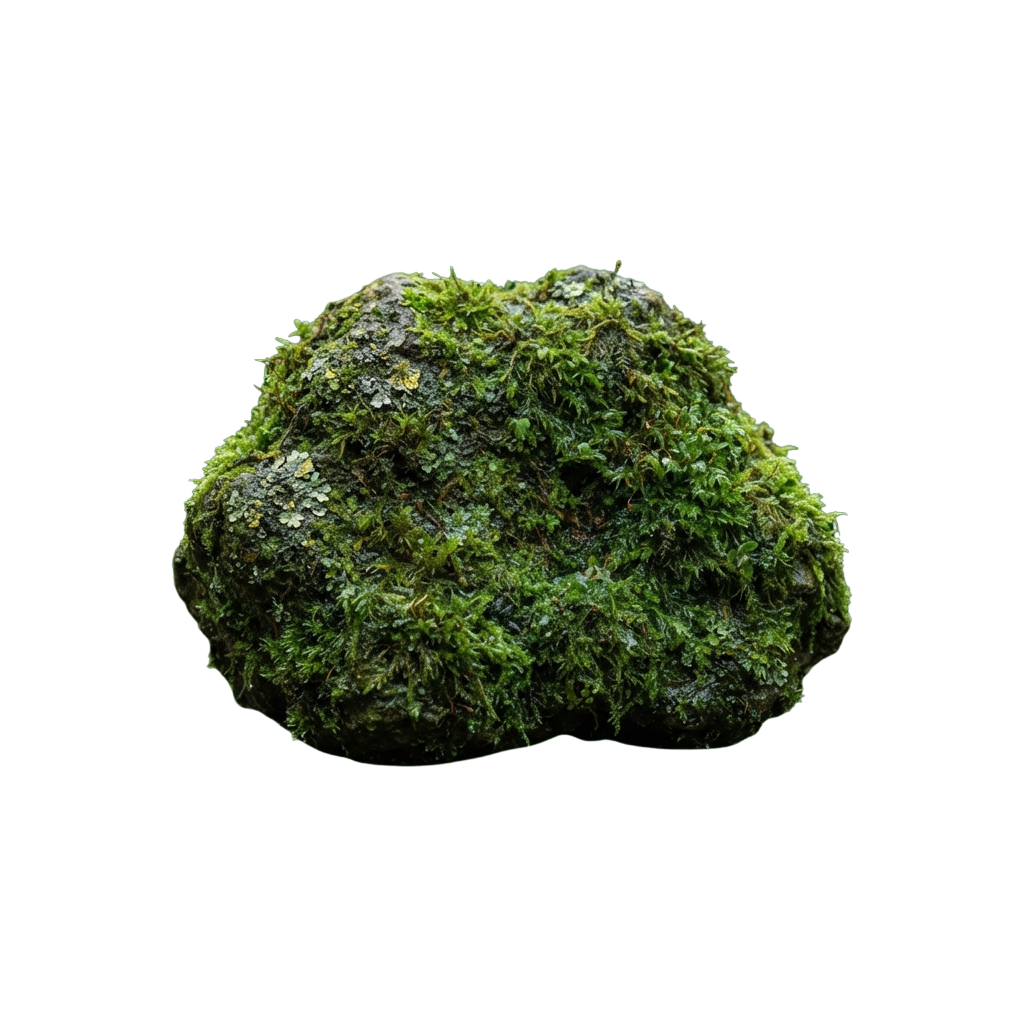 A lush green moss-covered rock with textured surface against a black background