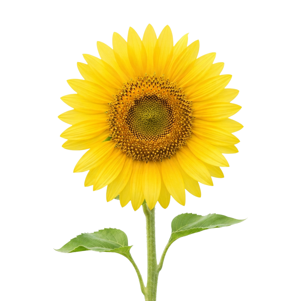 A close-up image of a vibrant yellow sunflower with green leaves and stem against a black background