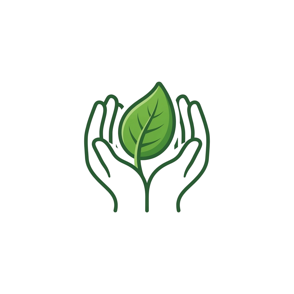 Two hands gently holding a green leaf against a dark background