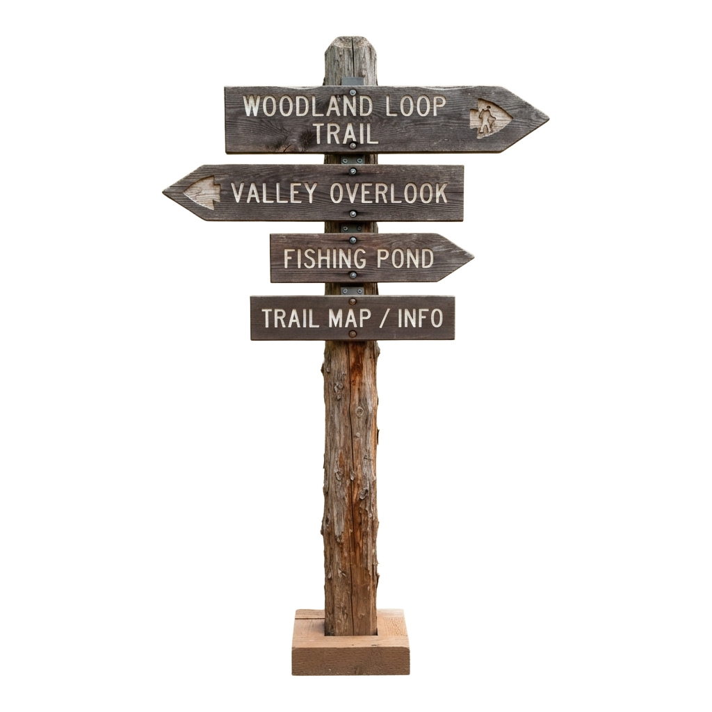 Rustic wooden signpost with arrows pointing to Woodland Loop Trail, Valley Overlook, Fishing Pond, and Trail Map Info