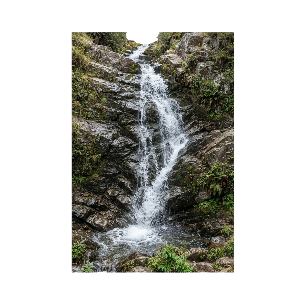 A waterfall cascading down rocky terrain surrounded by green vegetation and moss-covered stones