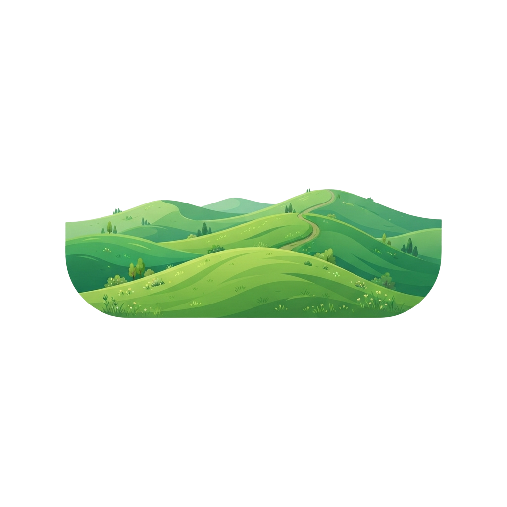 Illustration of green rolling hills with winding paths and scattered trees