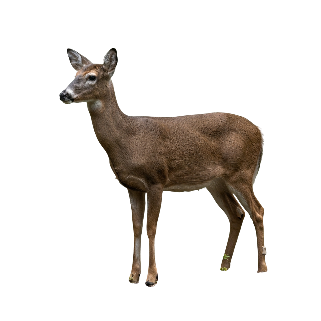 A brown deer standing on a black background facing slightly to the left