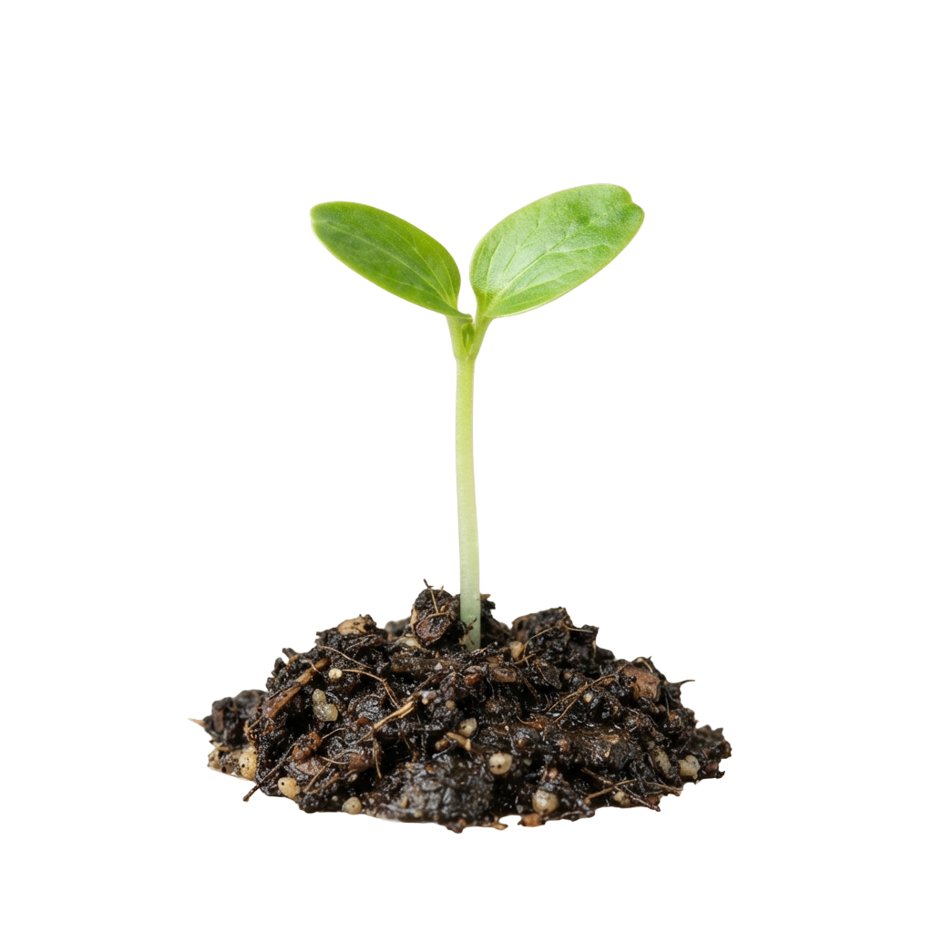 A small green seedling emerging from dark soil with two broad leaves.