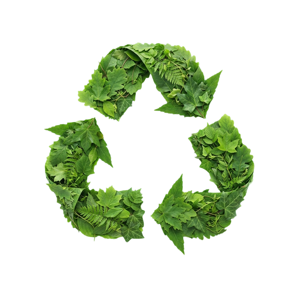 A recycling symbol composed of green leaves against a black background