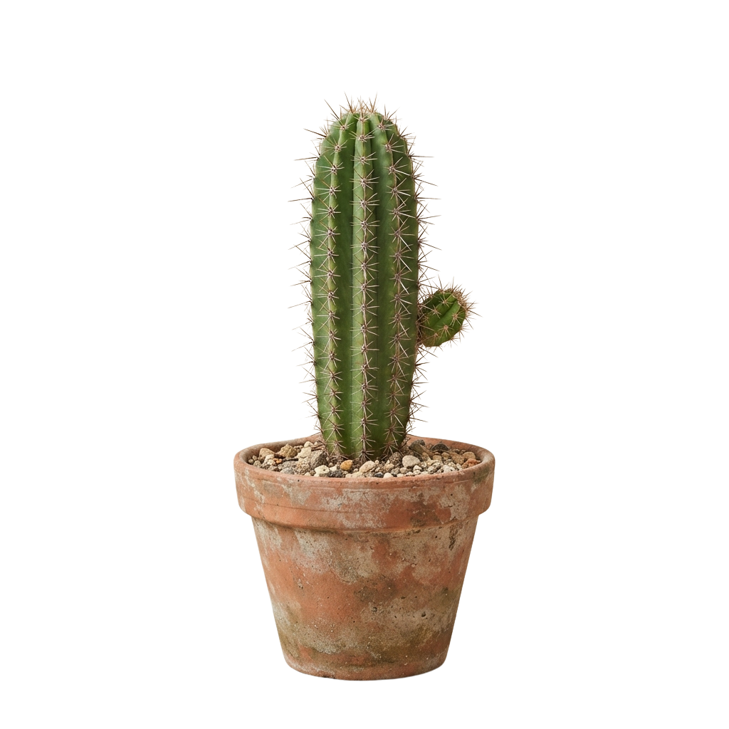 A green cactus with spines in a terracotta pot against a black background