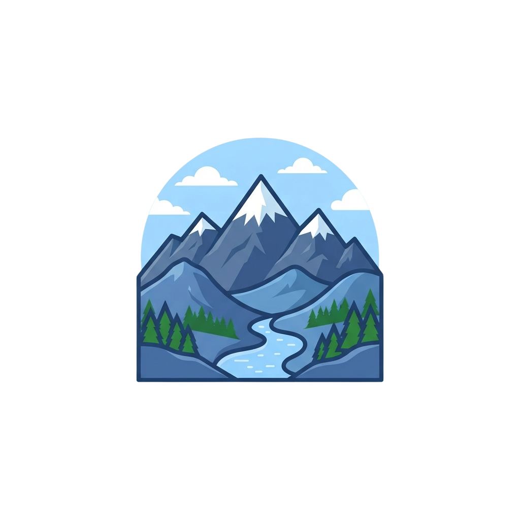 A stylized illustration of snow-capped mountains, a winding river, and green forest under a blue sky with clouds