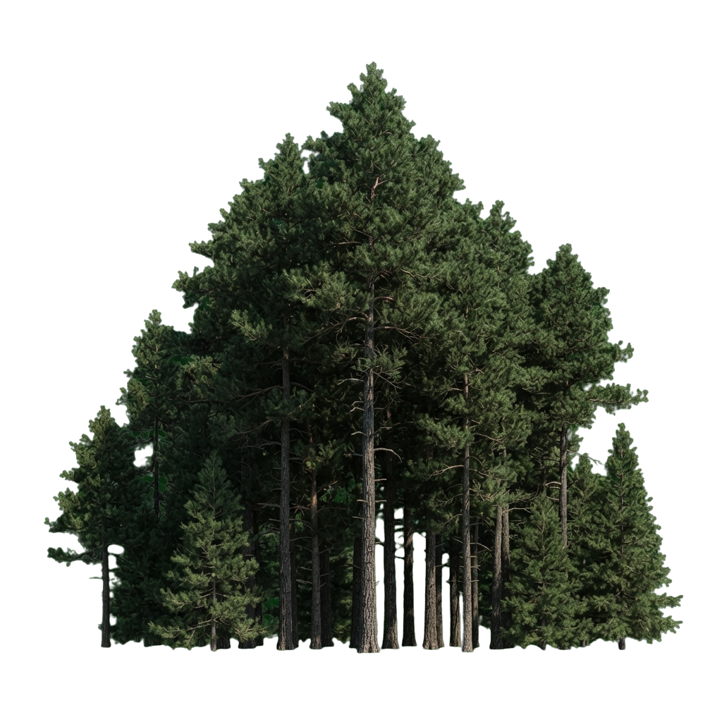 A dense cluster of tall evergreen trees with dark trunks and green foliage against a black background