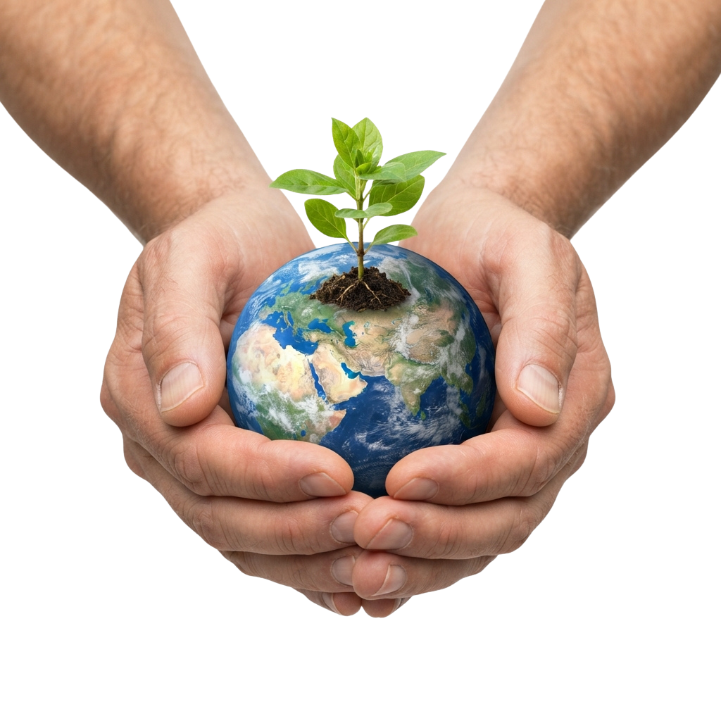 Two hands gently cradling a globe with a small plant sprouting from the top.