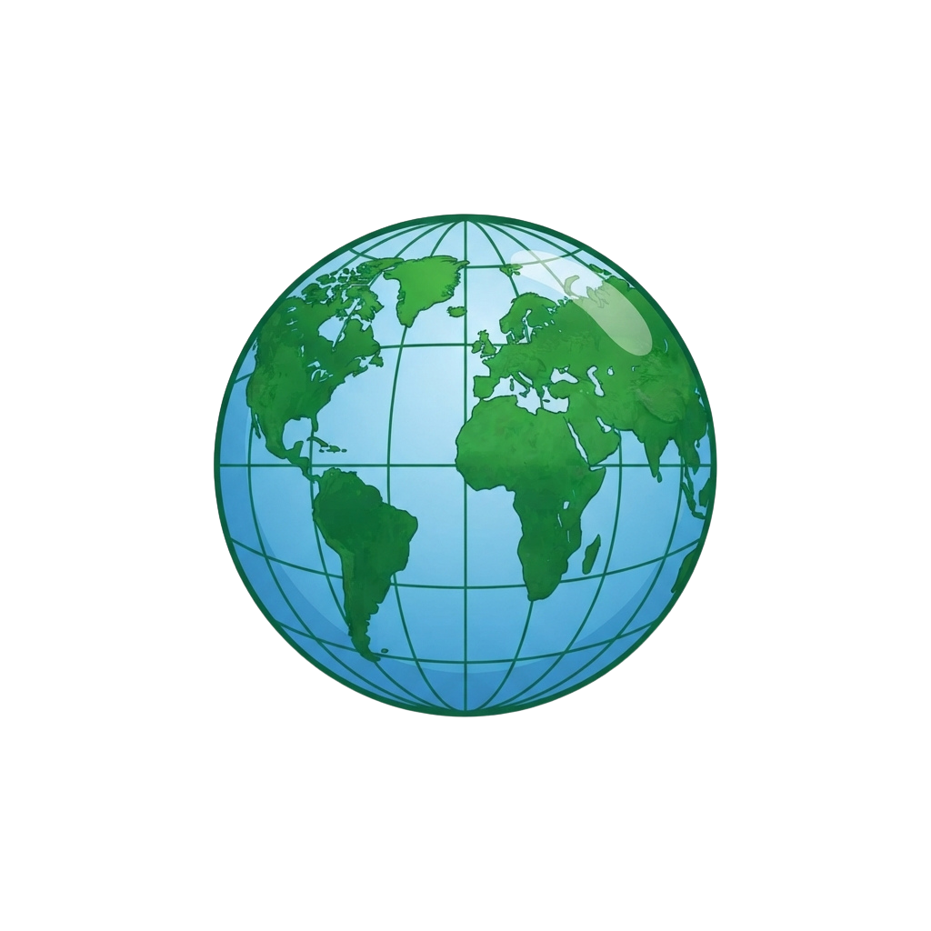 A 3D depiction of Earth showing continents in green and oceans in blue with grid lines.