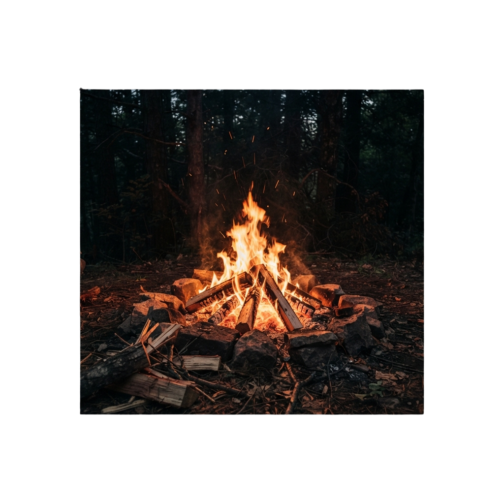 A bright campfire burning in a wooded area surrounded by trees and logs