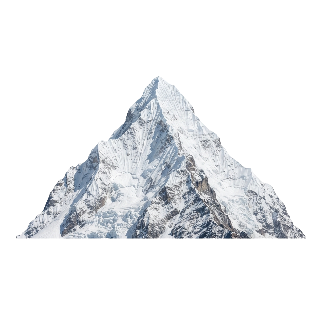 A towering snow-covered mountain peak with rugged, icy slopes and sharp ridges against a dark sky