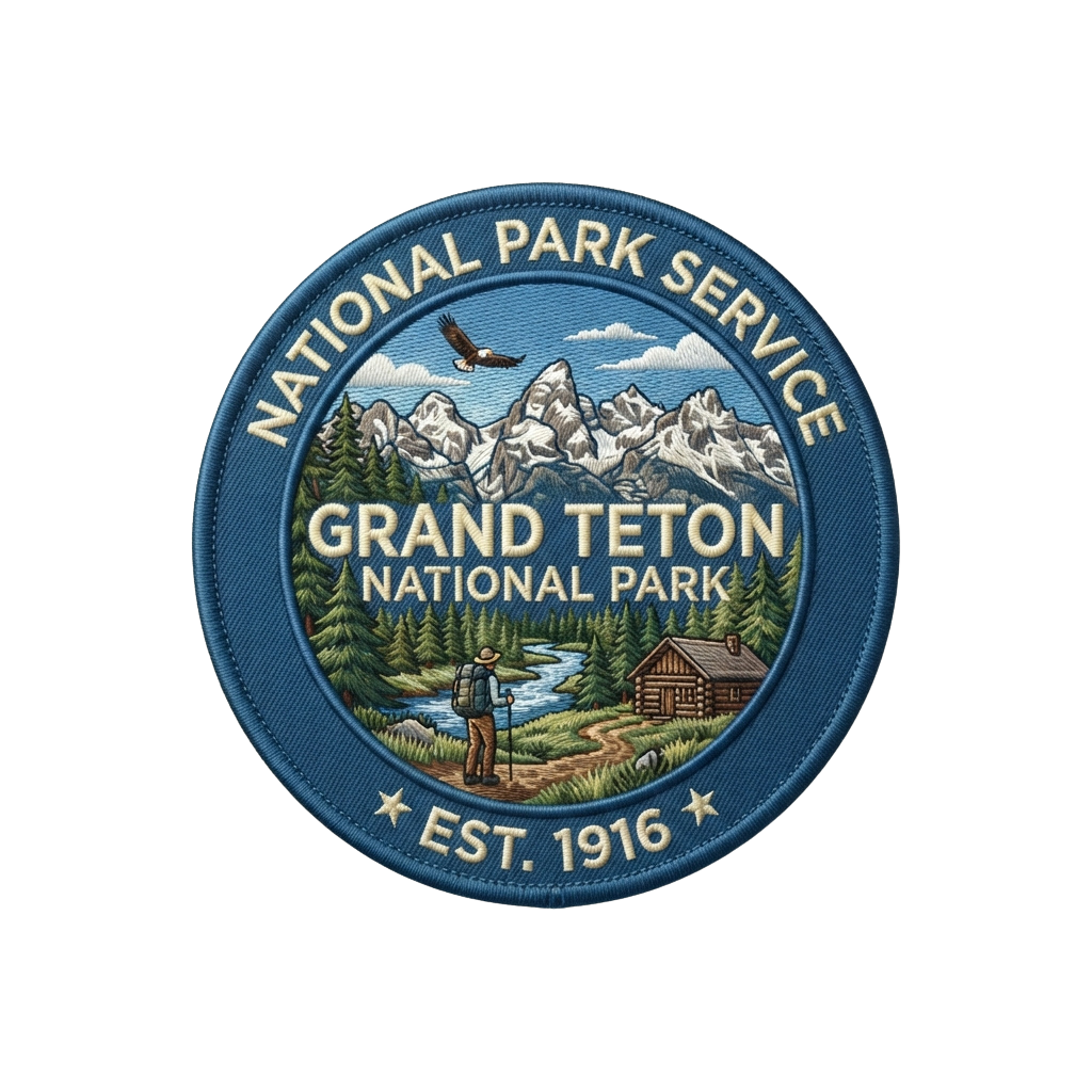Official National Park Service patch for Grand Teton National Park featuring mountains, forest, and a ranger.