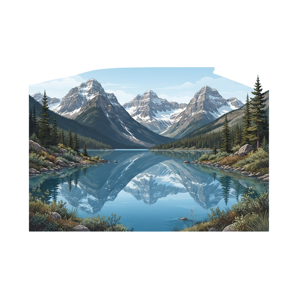 A tranquil lake surrounded by tall evergreen trees and snow-capped mountains reflecting in the water