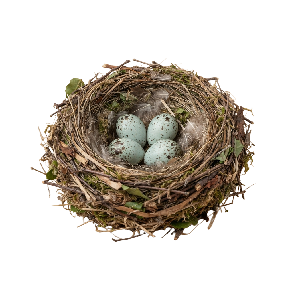 A woven bird nest containing four speckled blue eggs surrounded by twigs and greenery