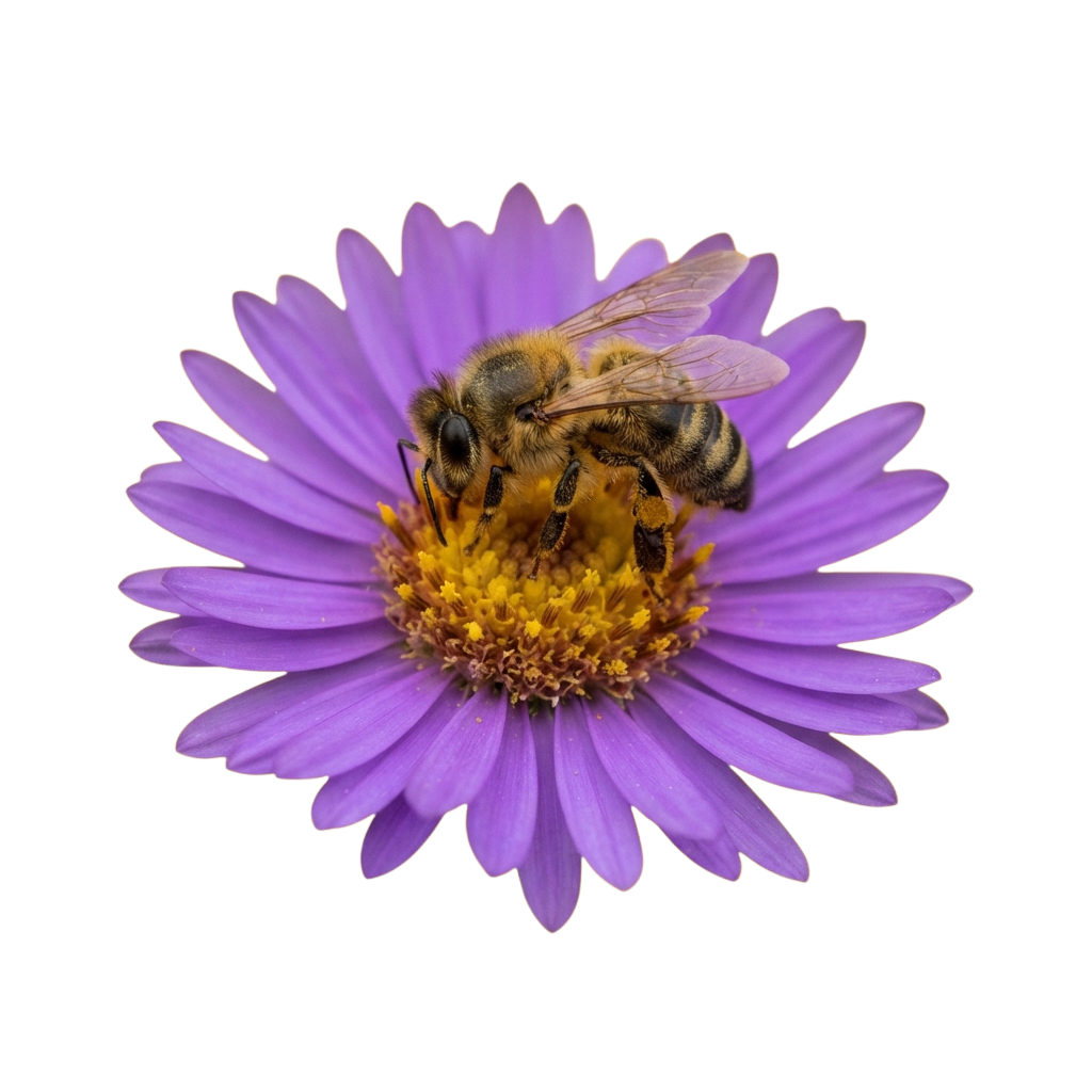 A honeybee on a purple flower with yellow center, collecting nectar