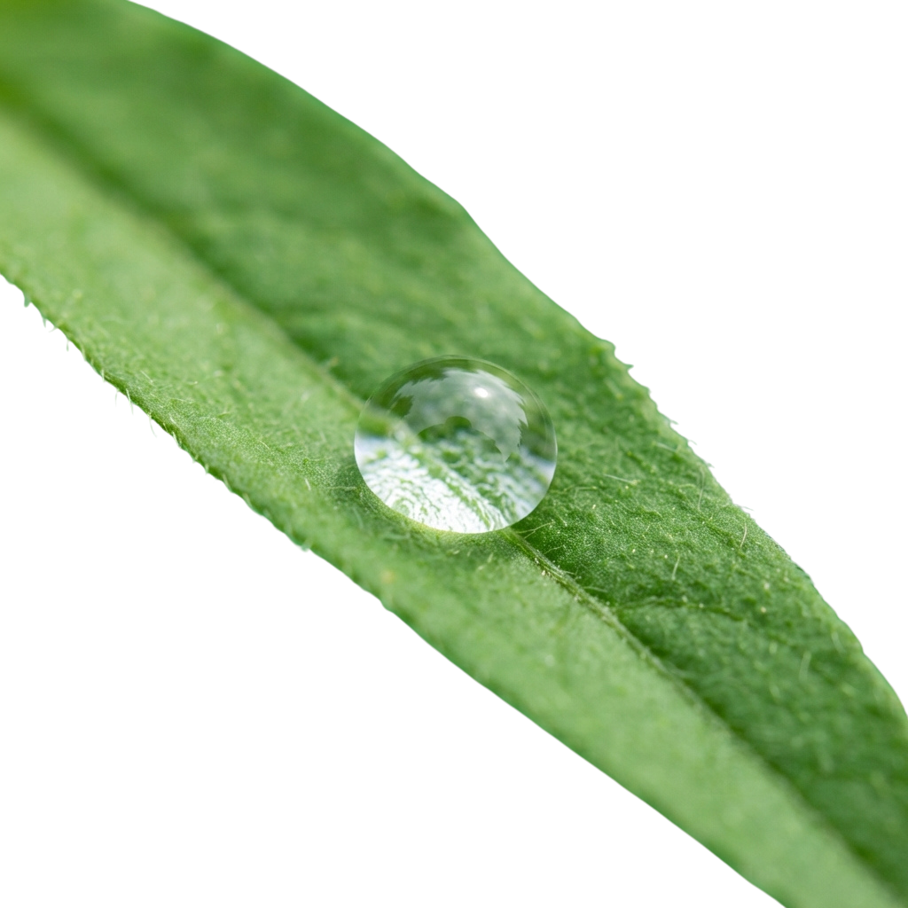 A clear water droplet resting on a green plant leaf
