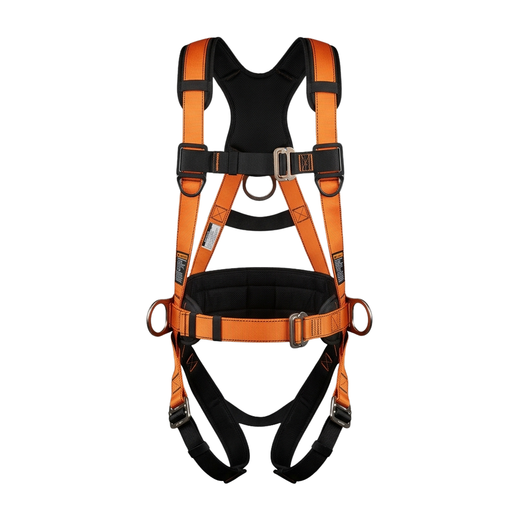 Orange and black full-body safety harness with adjustable straps and D-rings