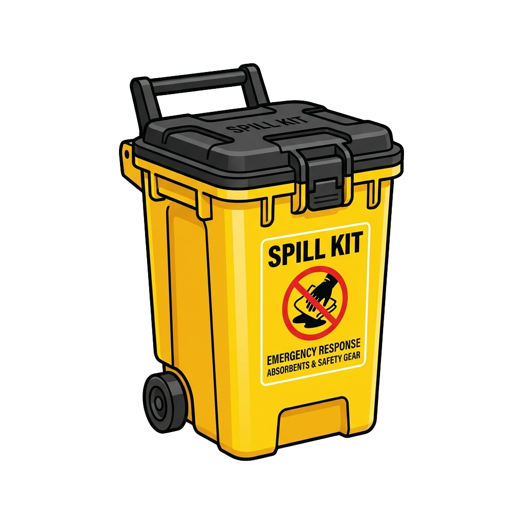 A yellow mobile spill kit with black handles and wheels, labeled for emergency response with absorbents and safety gear
