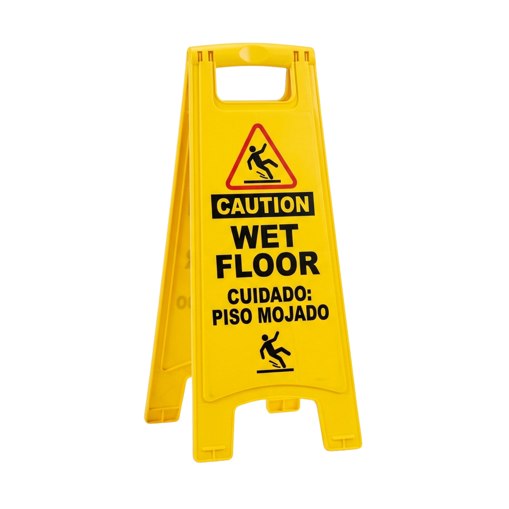 A yellow wet floor caution sign with a slip hazard symbol and bilingual warning text.