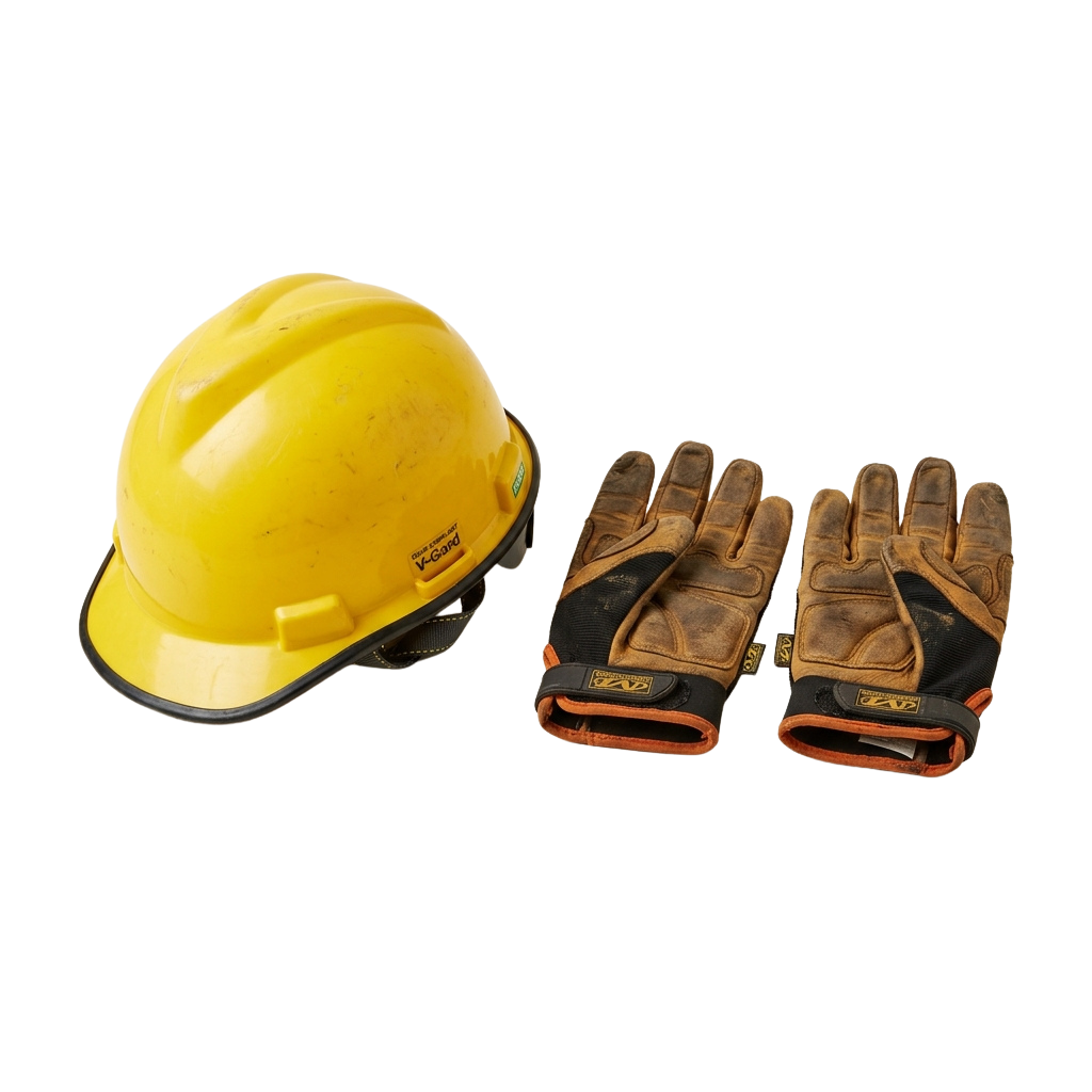 A bright yellow hard hat and a pair of brown leather work gloves on a black background
